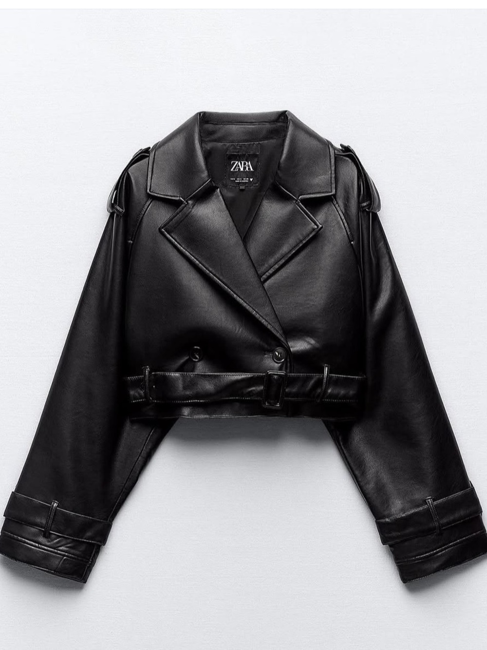 Zara Black Cropped Faux Leather Double-Breasted trench coat